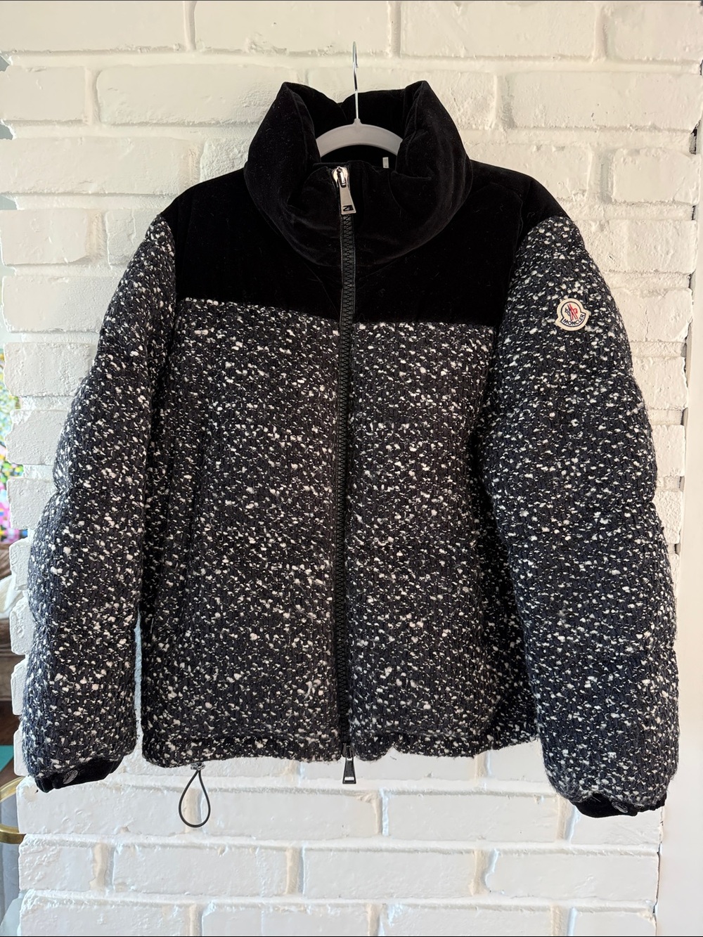 Moncler Girotte Black and White Bouclé Velvet-Yoke Puffer Jacket Size M